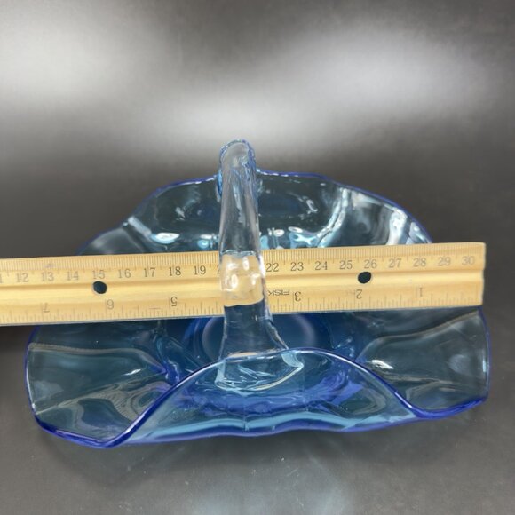 1980s Hand Blown Glass Blue Basket Dish Trinket Holder Clear Handle Folded Sides - Picture 3 of 12